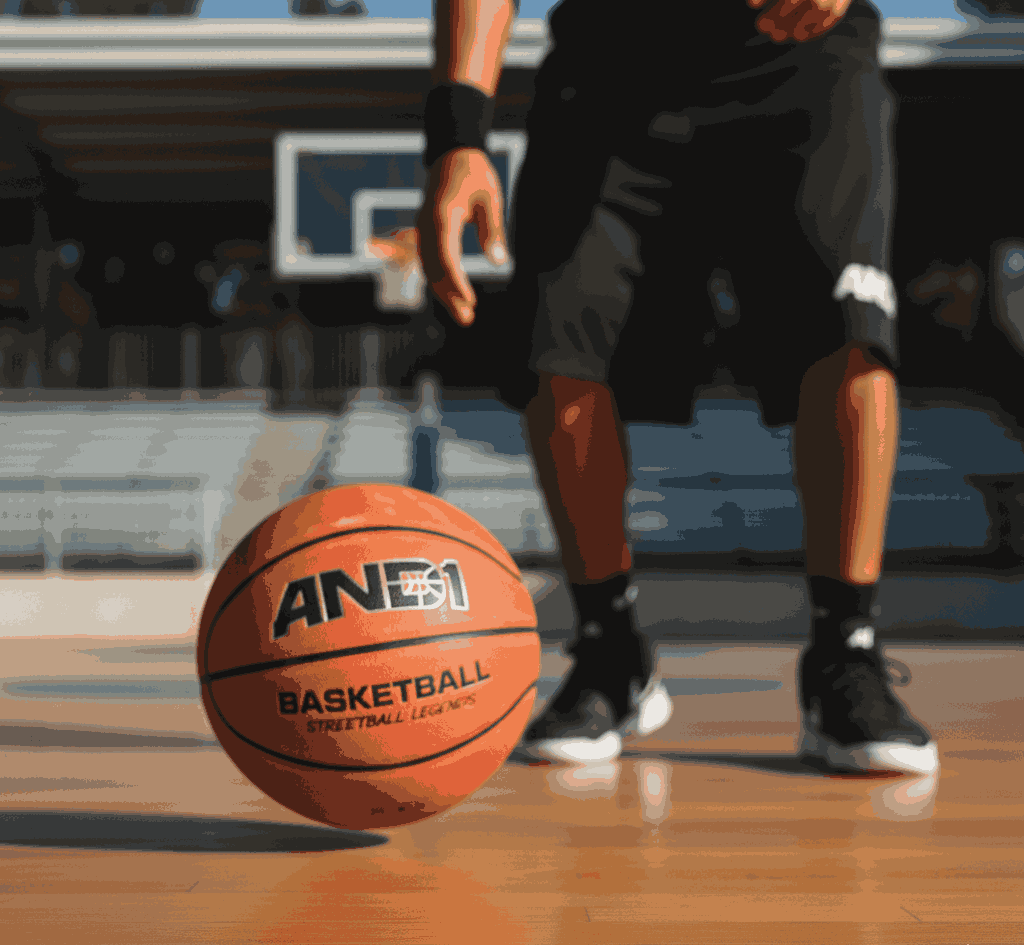 AND1 Fantom X basketball in streetball action with player on outdoor court