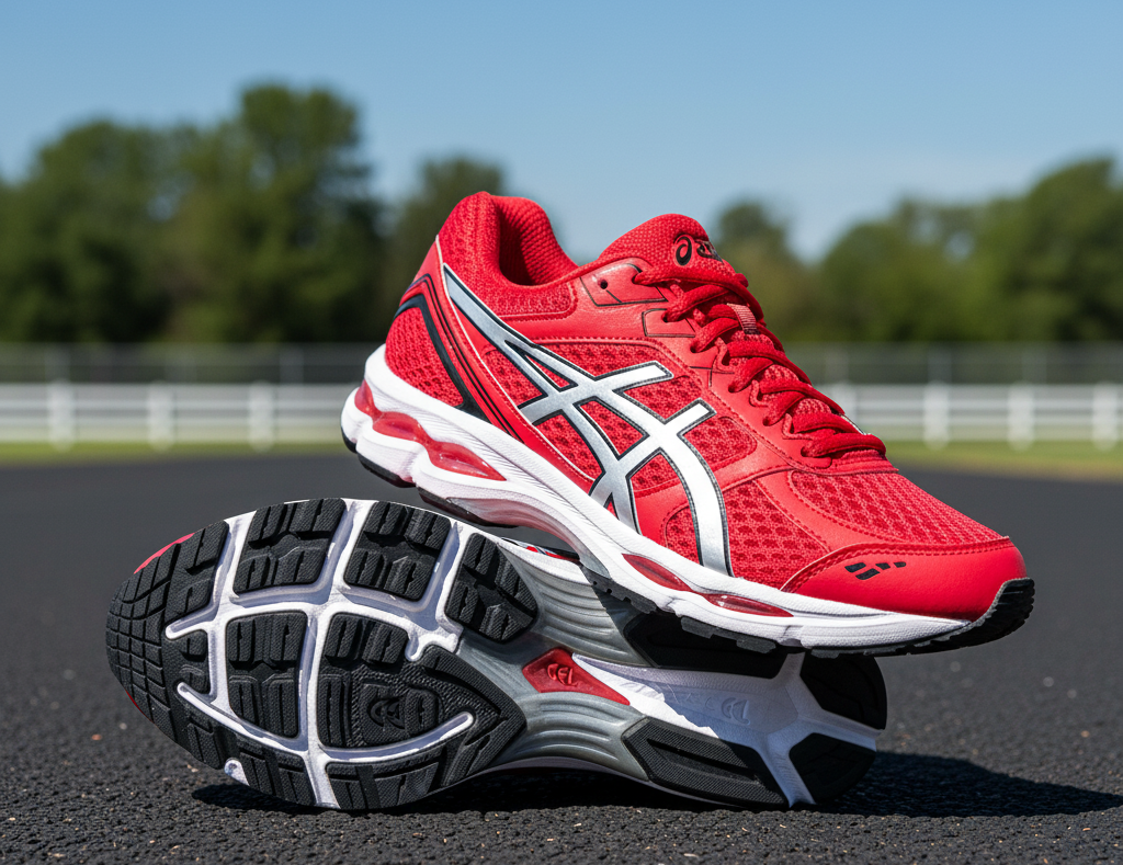 Red ASICS running shoes with white stripes and black sole on outdoor track