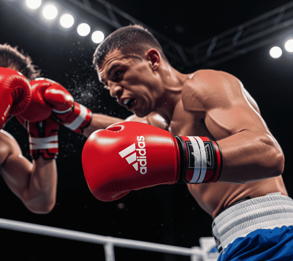 Adidas red boxing gloves worn by boxer in ring under bright lights