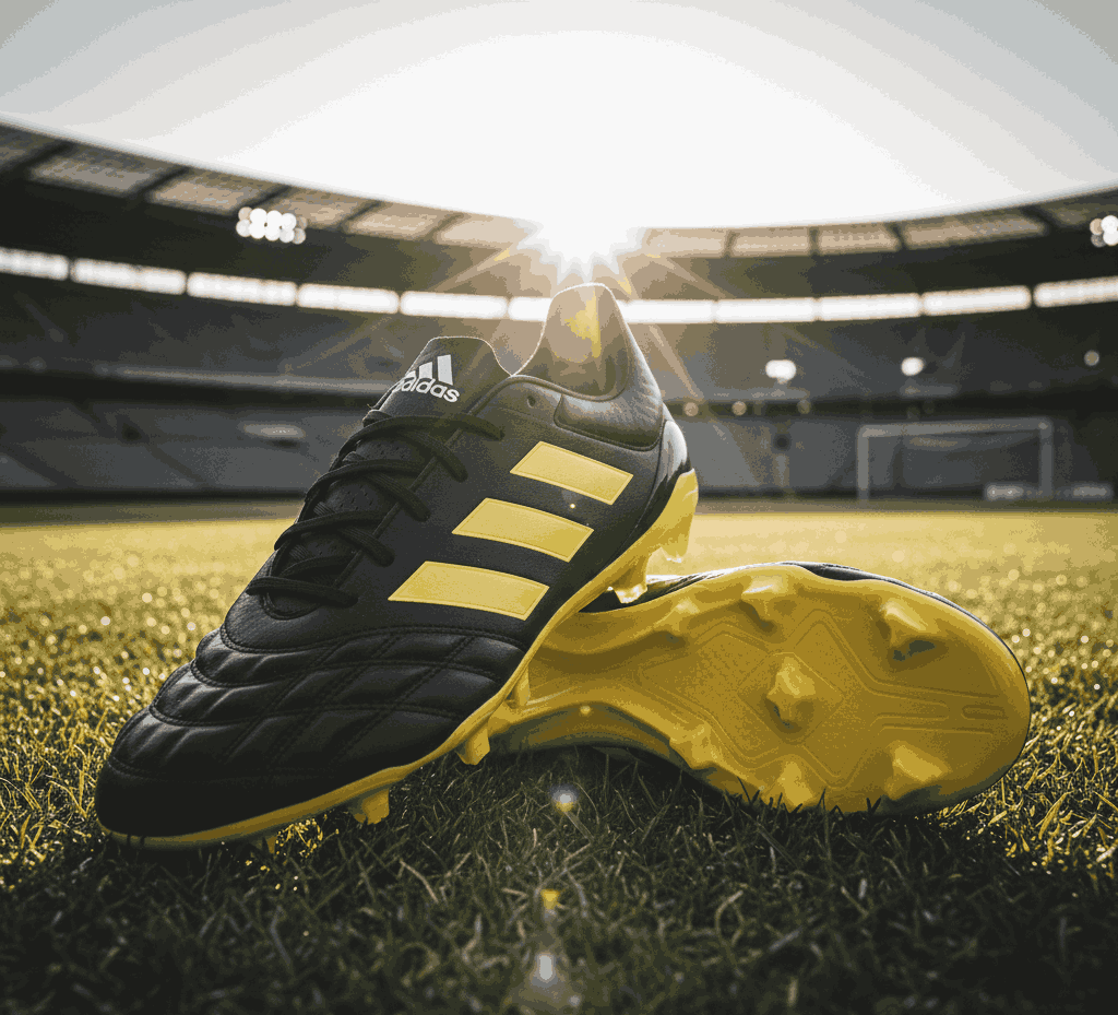 Adidas soccer cleats in black and yellow on stadium field, highlighting comfort and precision
