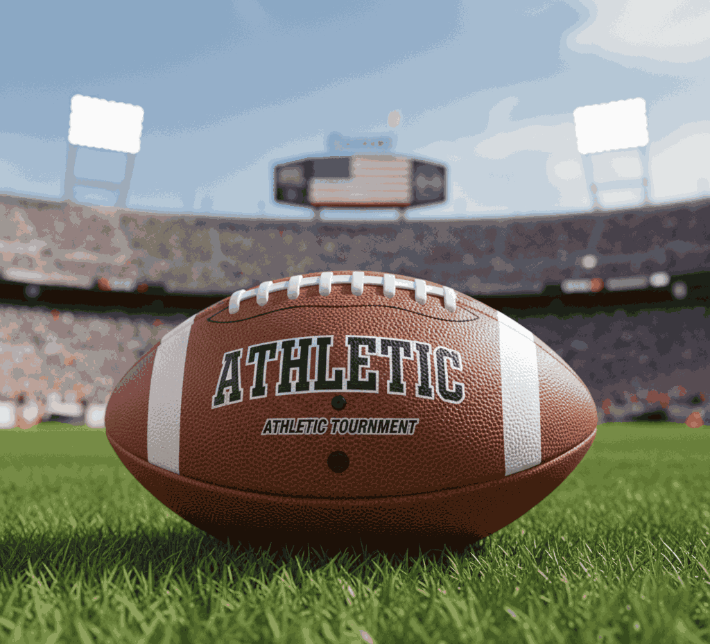 Athletic football on field in stadium for competitive athletic tournament