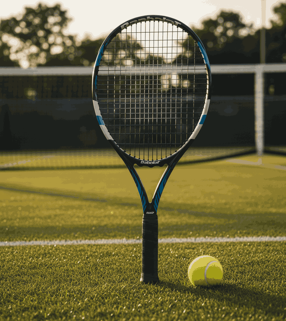 Black and blue Babolat tennis racquet with tennis ball on grass court in evening light
