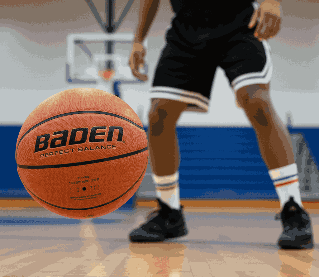 Baden Perfect Balance basketball on court with player in black uniform ready to play