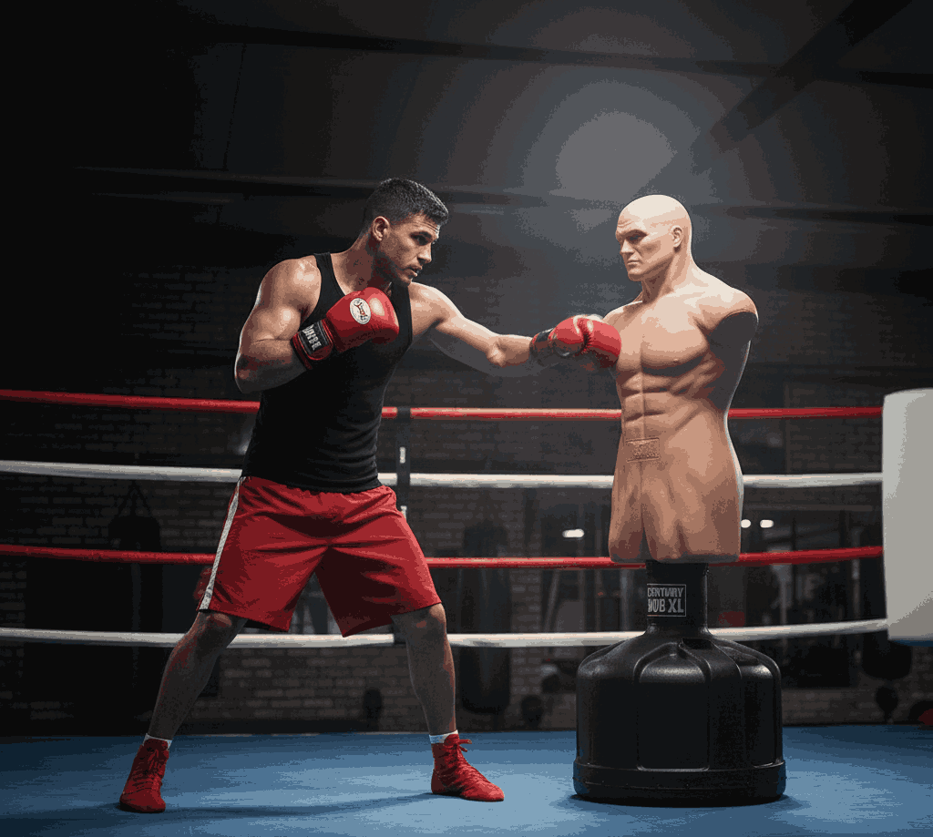 Boxer using Century Bob XL human-shaped freestanding punching bag for realistic target practice in a boxing ring