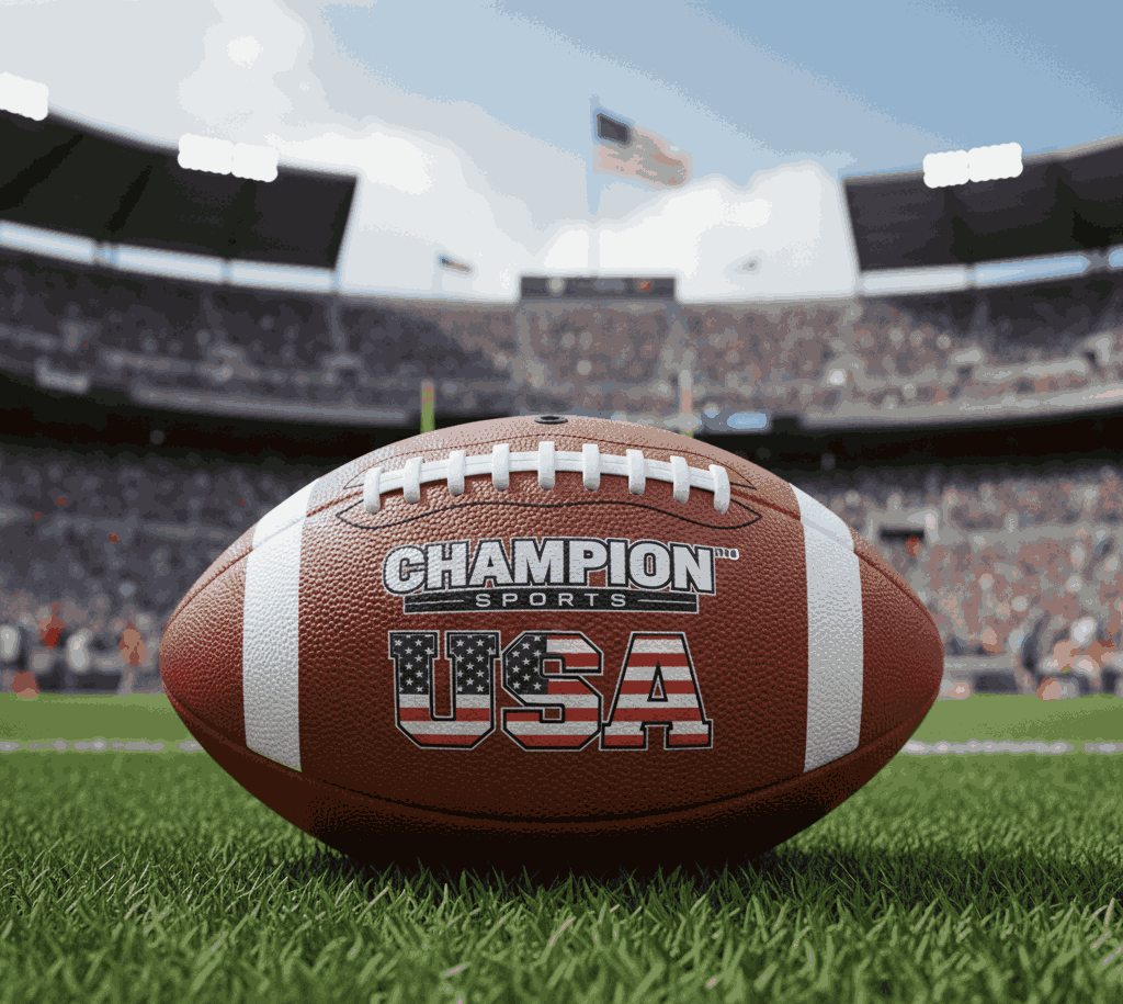 Champion Sports football on stadium grass before a game