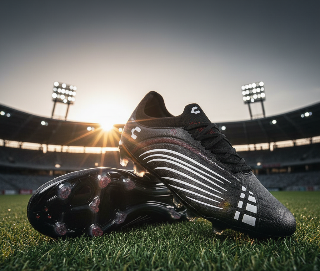 Charly soccer cleats in black with white graphic accents, designed for agile performance and affordability