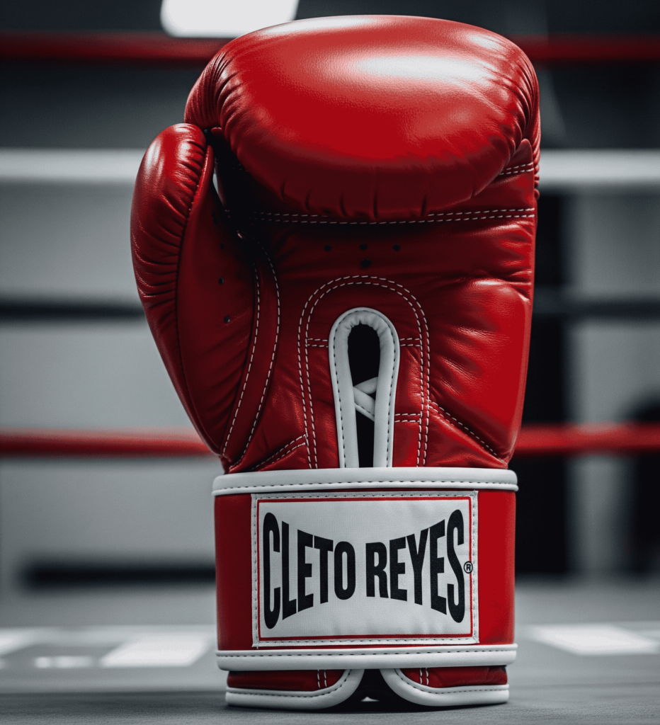 Cleto Reyes red lace-up boxing glove upright in professional boxing ring