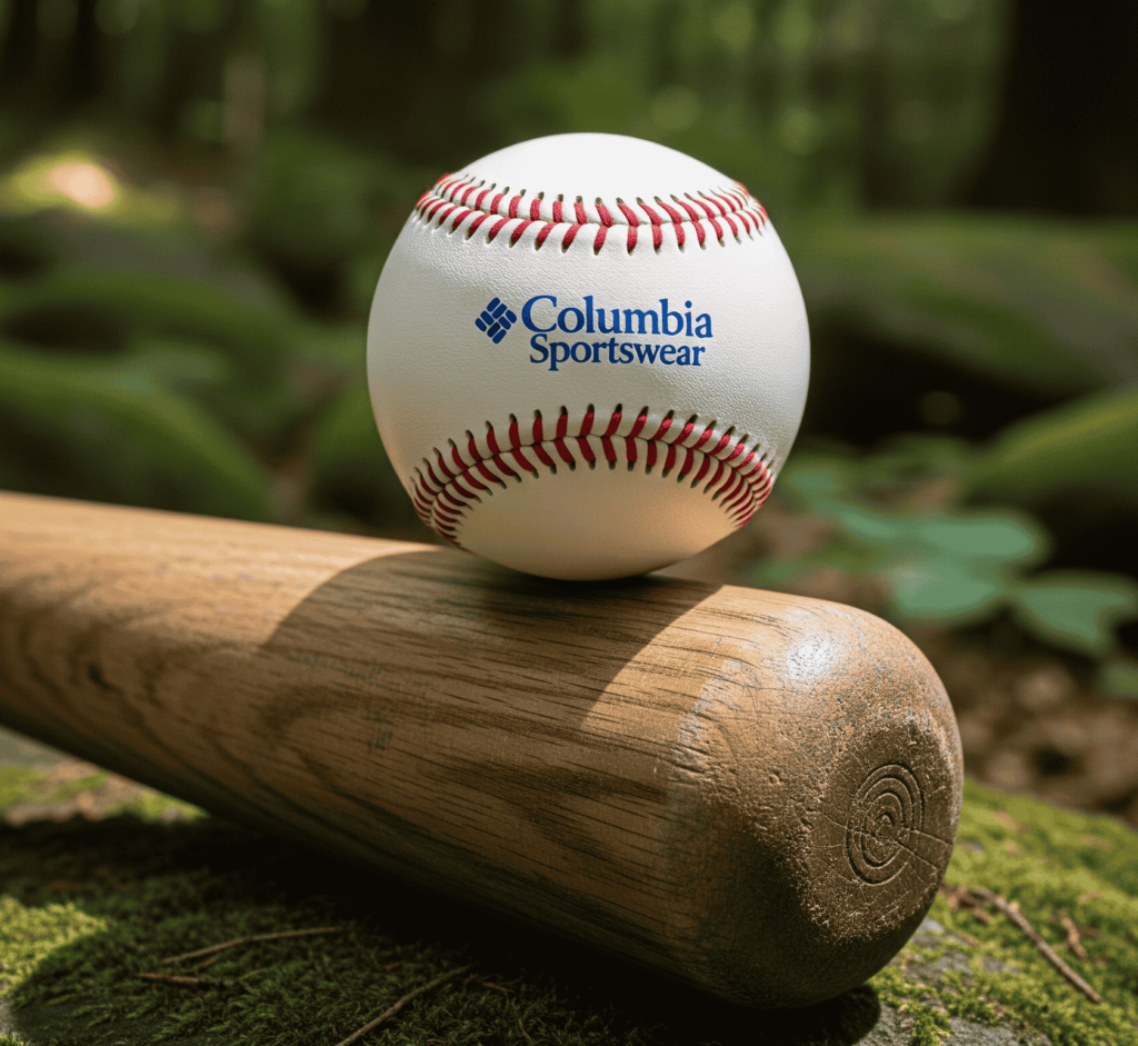 Columbia Sportswear baseball on wooden bat outdoors with greenery in background