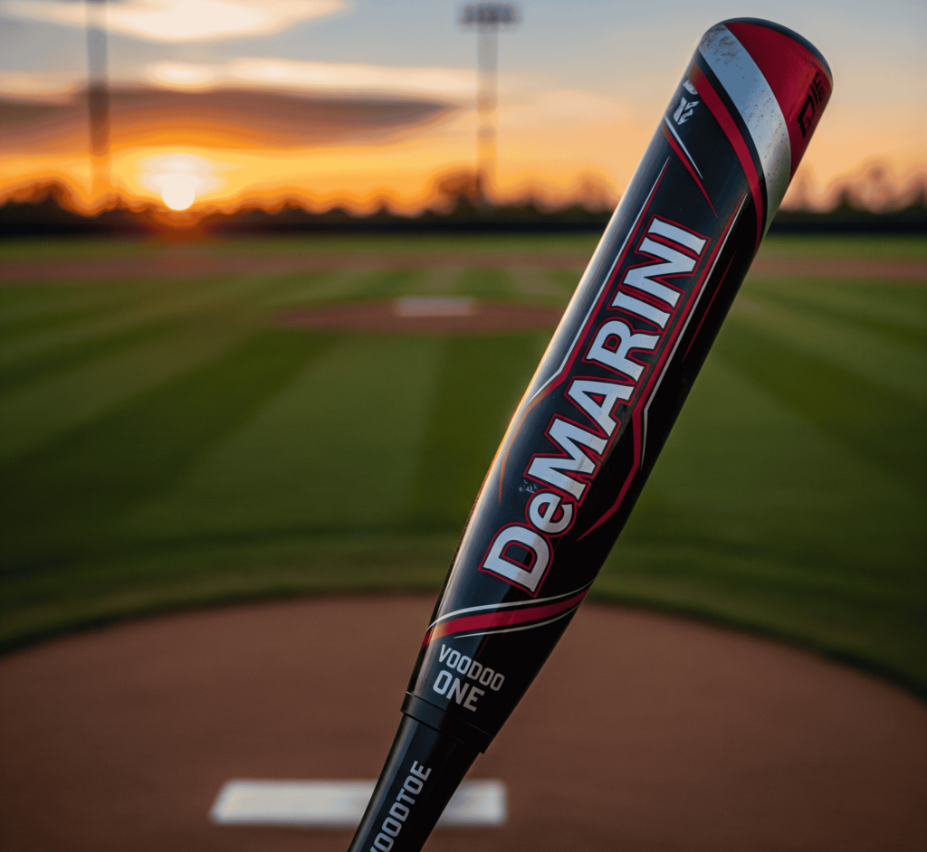 DeMarini Voodoo One baseball bat held above home plate at sunset, highlighting its power-first alloy design.