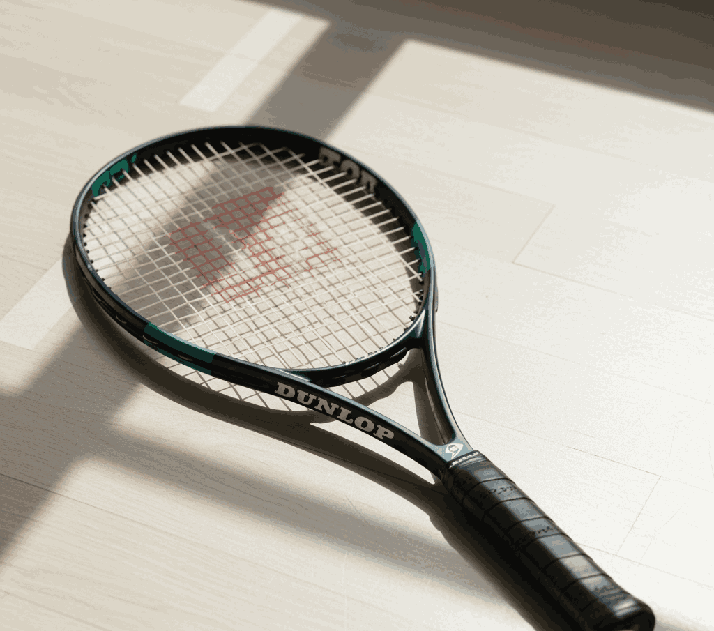 Black and green Dunlop tennis racquet with white strings on light wood floor in bright sunlight