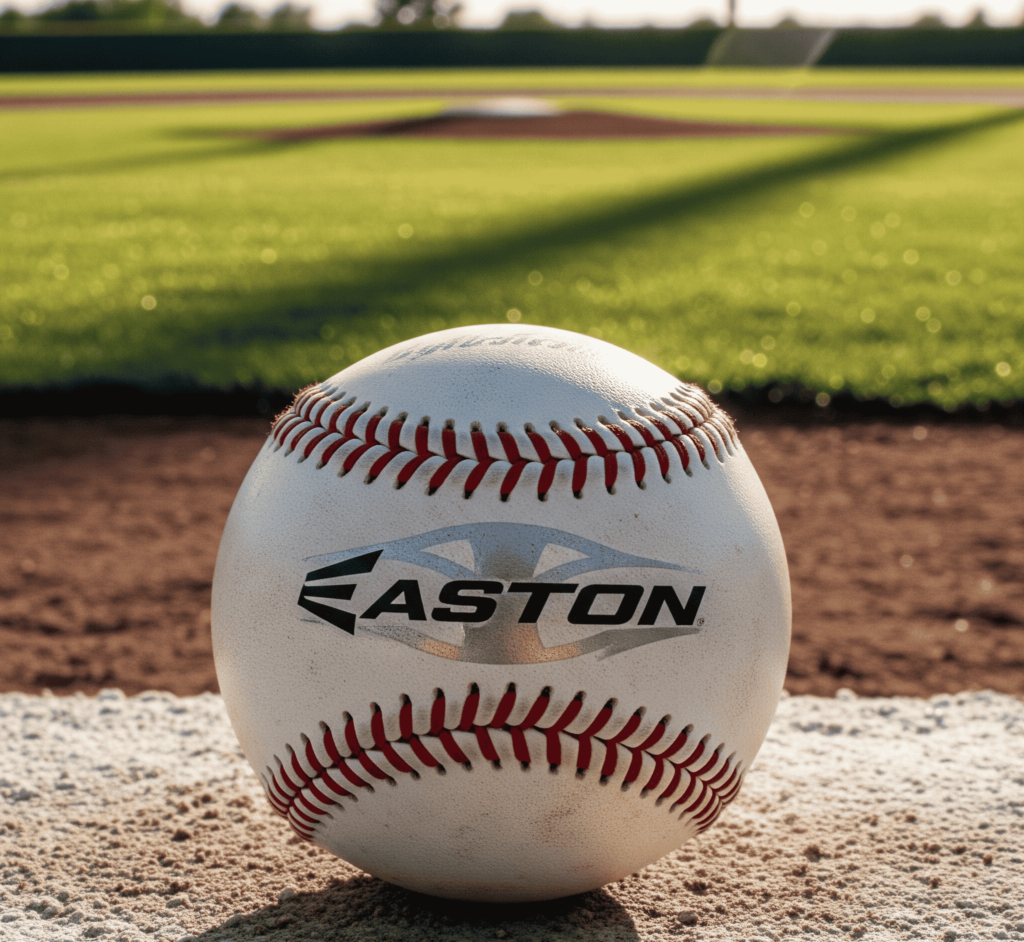 Easton baseball on the edge of a pitcher’s mound with green field in background