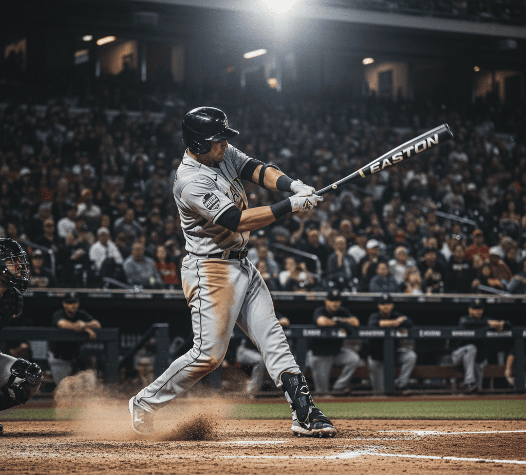 Baseball player swinging an Easton bat during a professional game under stadium lights.