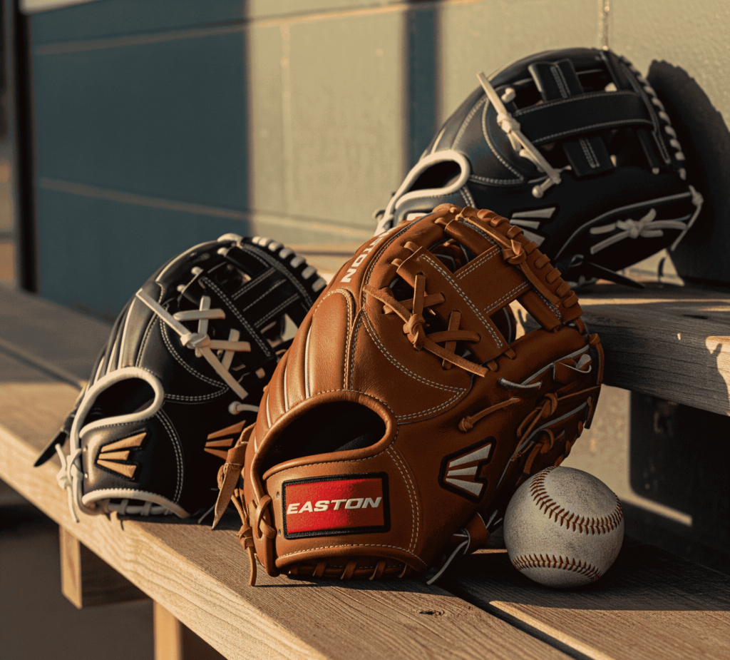 Easton baseball gloves in black, navy, and tan leather on dugout bench with baseball for training