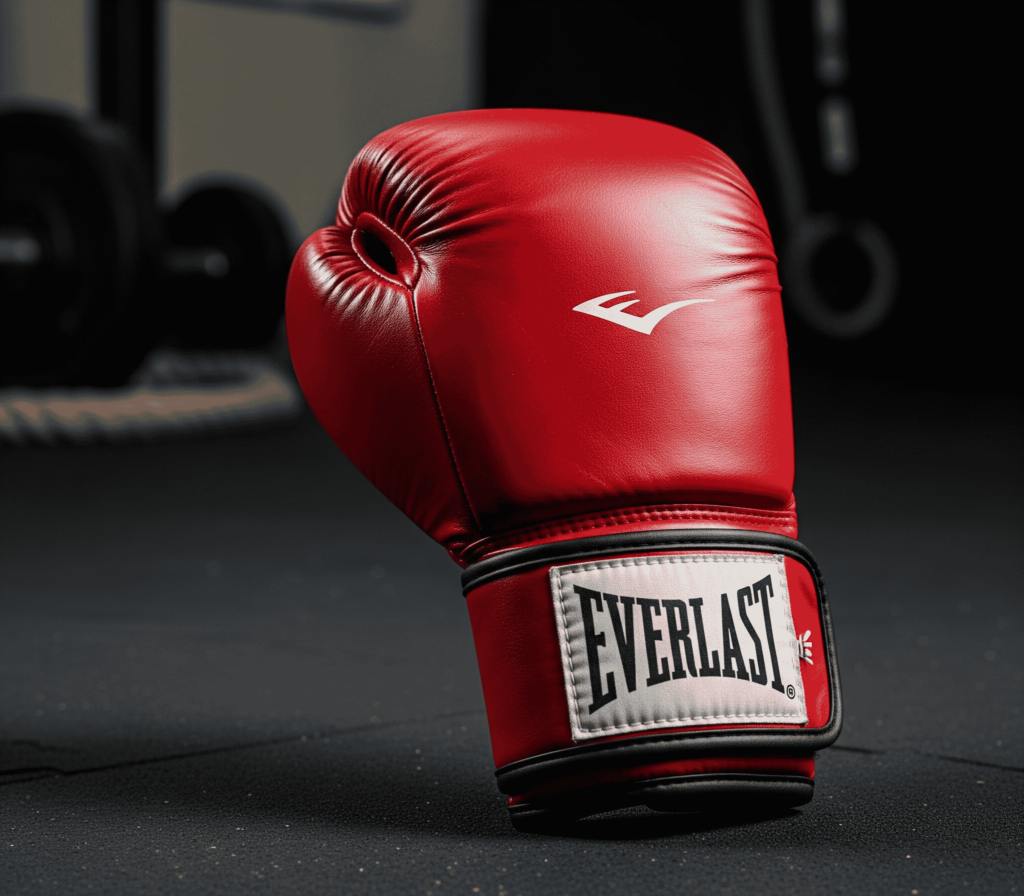 Red Everlast boxing glove standing upright in gym setting