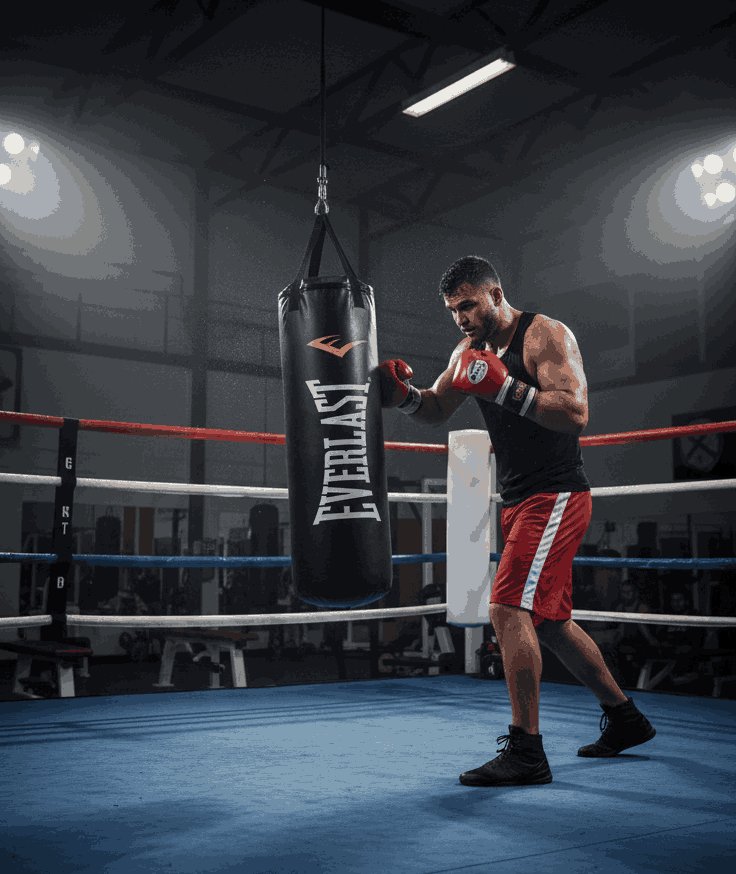 Boxer practicing punches on Everlast Nevatear heavy bag in a boxing ring