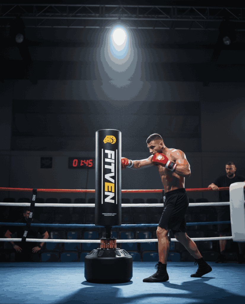 Boxer training with FITVEN freestanding punching bag in a boxing ring under bright spotlight