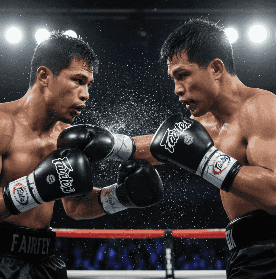 Fairtex black boxing gloves in use during a boxing match with white and red accents under arena lights