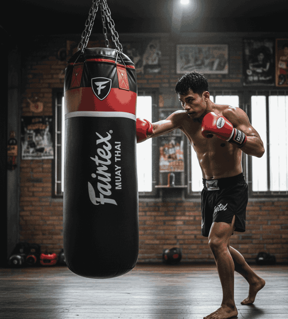 Muay Thai fighter training with Fairtex Max Bag in a professional boxing gym