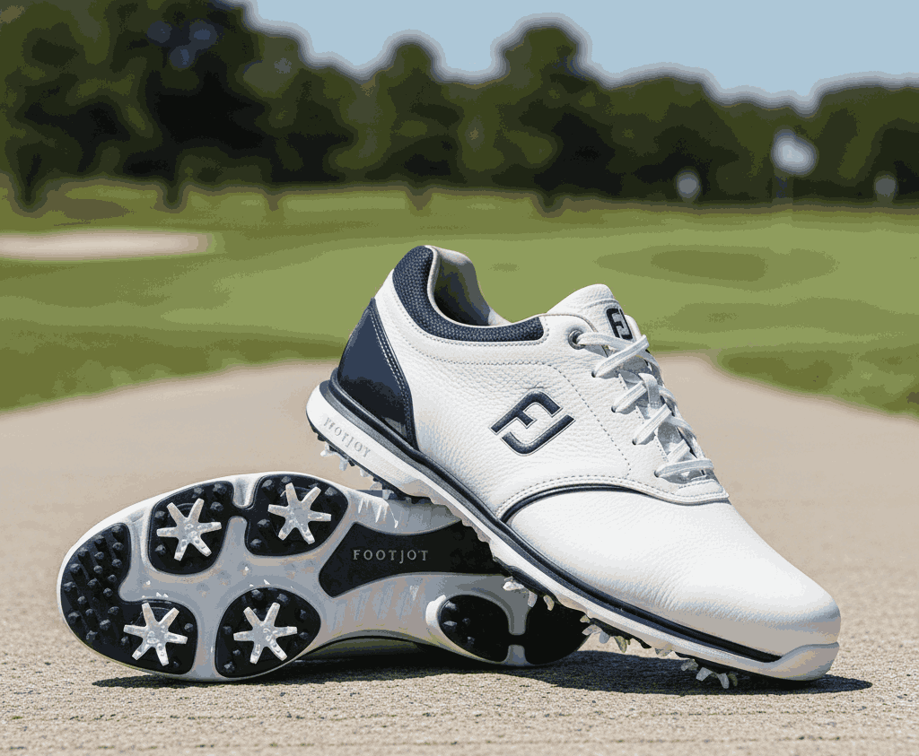 White FootJoy golf shoes with black trim and spiked sole on golf course