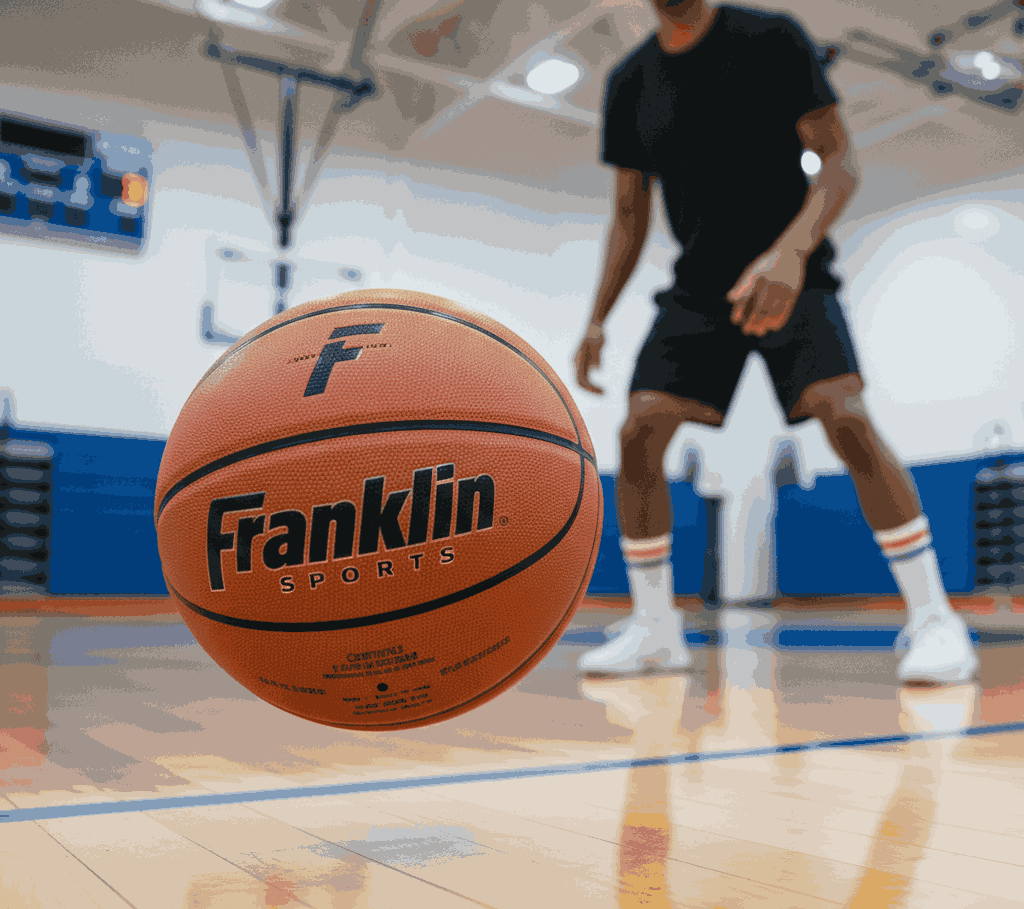 Franklin Sports basketball on gym floor with player in black attire, ideal for family and recreational play