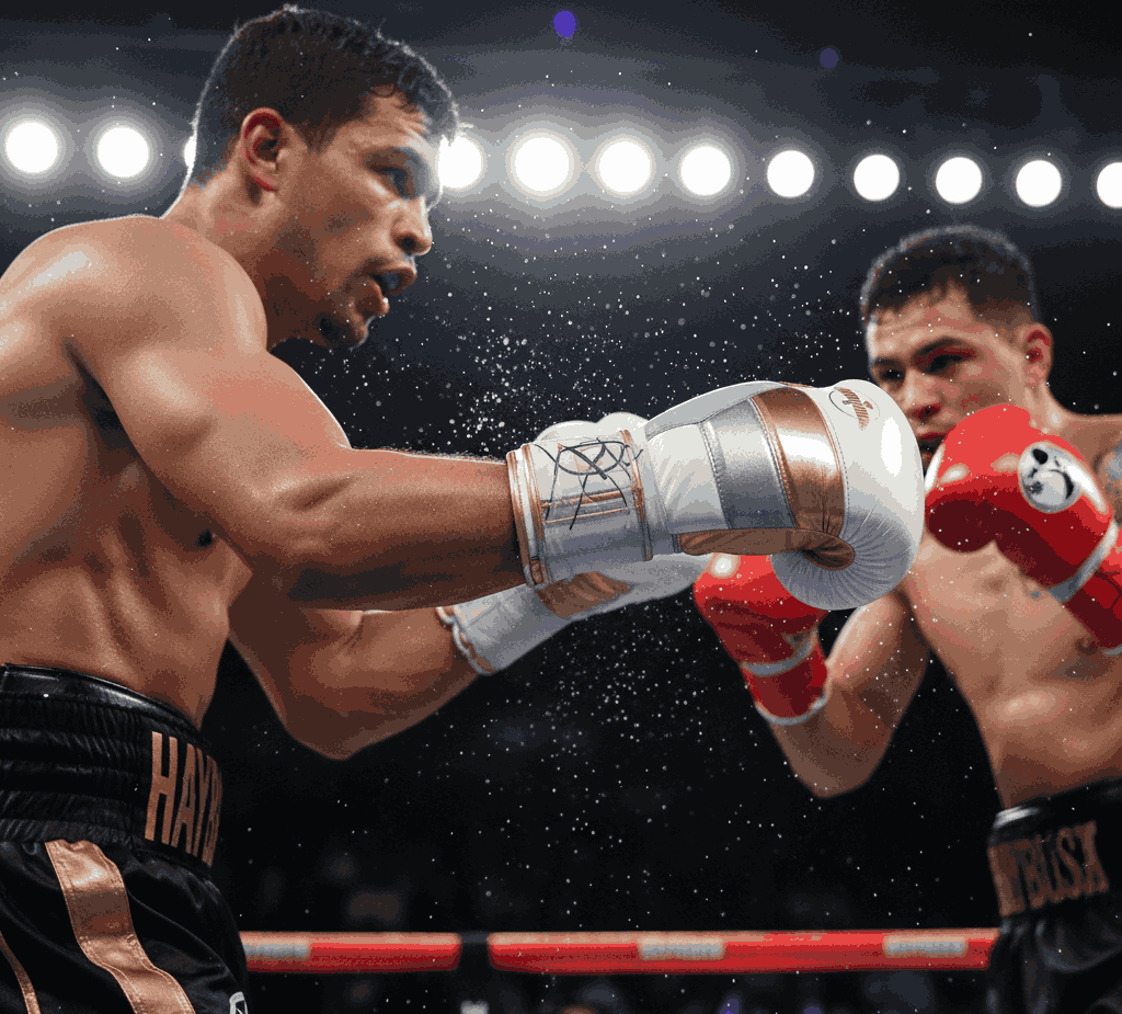Hayabusa white and gold boxing gloves in action during boxing match under arena lights