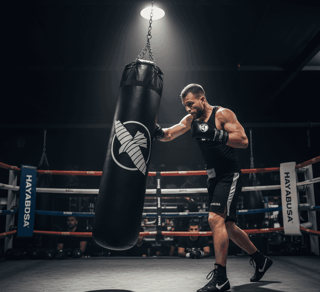 Boxer training with Hayabusa Heavy Bag Pro featuring smart technology in a professional boxing ring