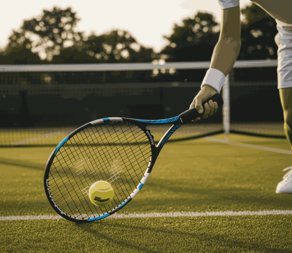 Player in white using a blue Head tennis racquet to hit a yellow ball on grass court