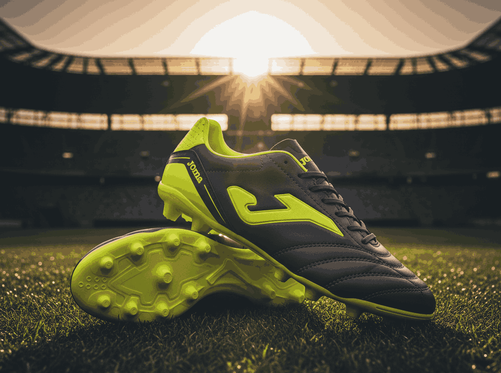 Joma soccer cleats in black and neon yellow, made with calf leather for comfort and reliable performance