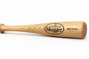 Louisville Slugger wooden baseball bat with engraved logo and “Made in U.S.A.” mark, symbolizing baseball heritage.