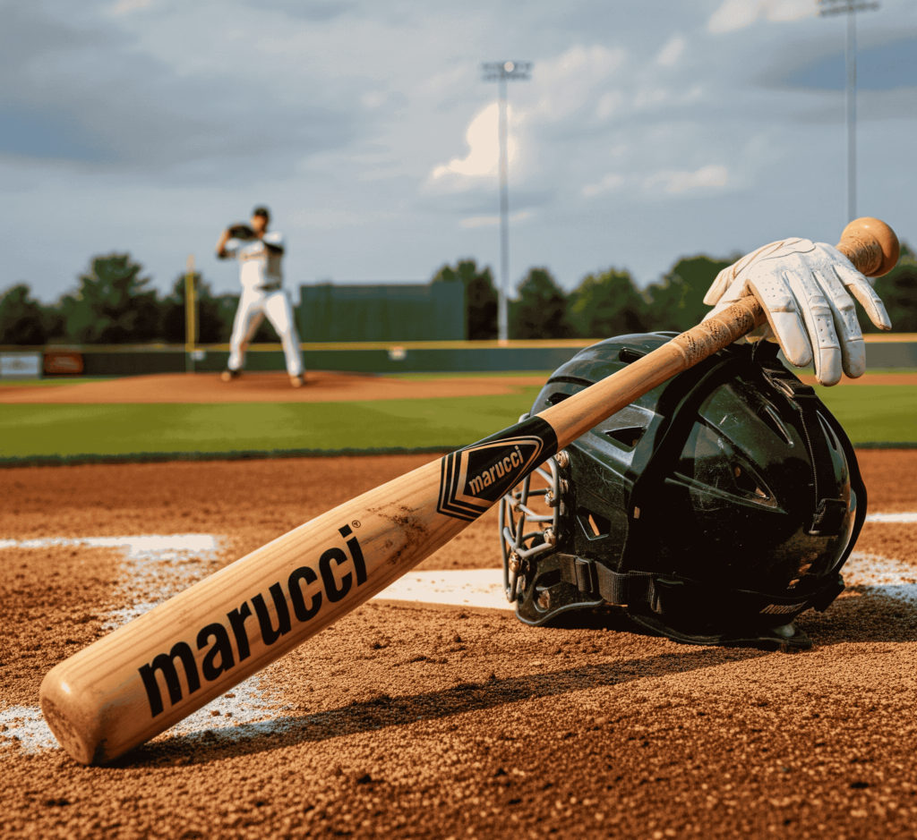 Marucci wooden baseball bat with batting gloves resting on a helmet at home plate, pitcher in the background.