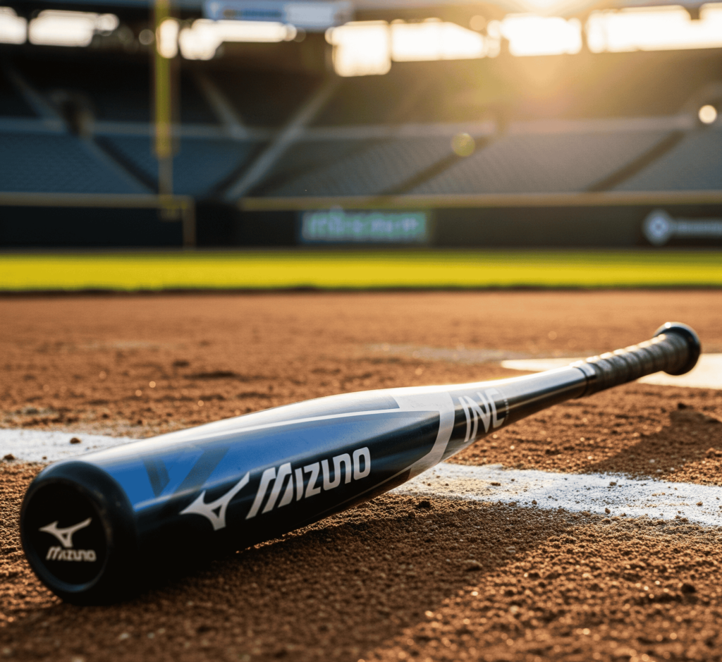 Mizuno baseball bat on the field dirt near home plate at sunset, symbolizing balance and craftsmanship.