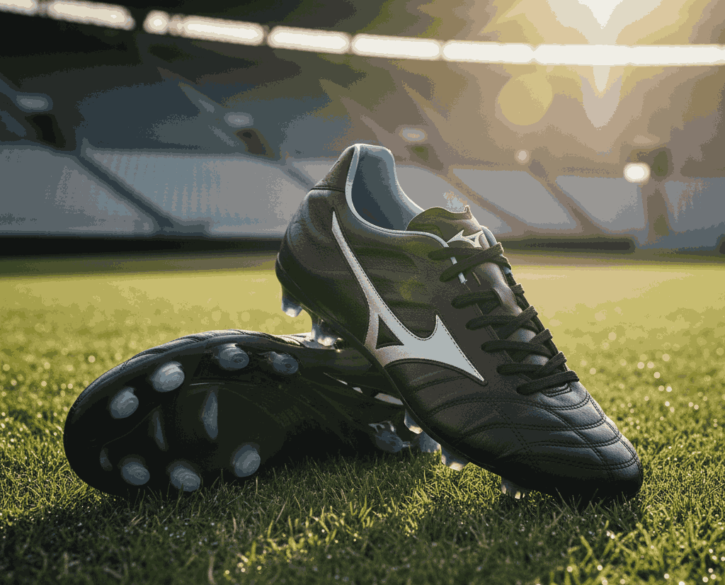 Mizuno soccer cleats in black with white logo, crafted from premium leather for comfort and tradition