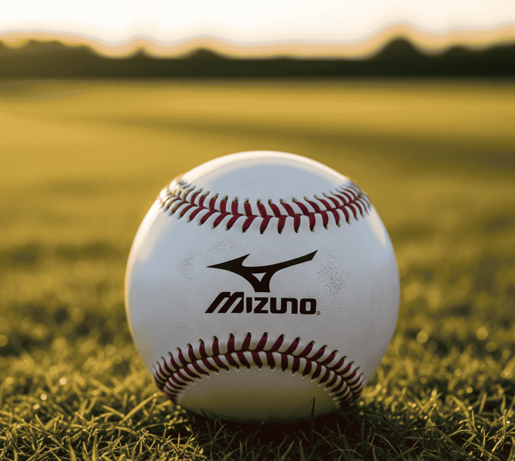 Mizuno baseball on green grass during sunset