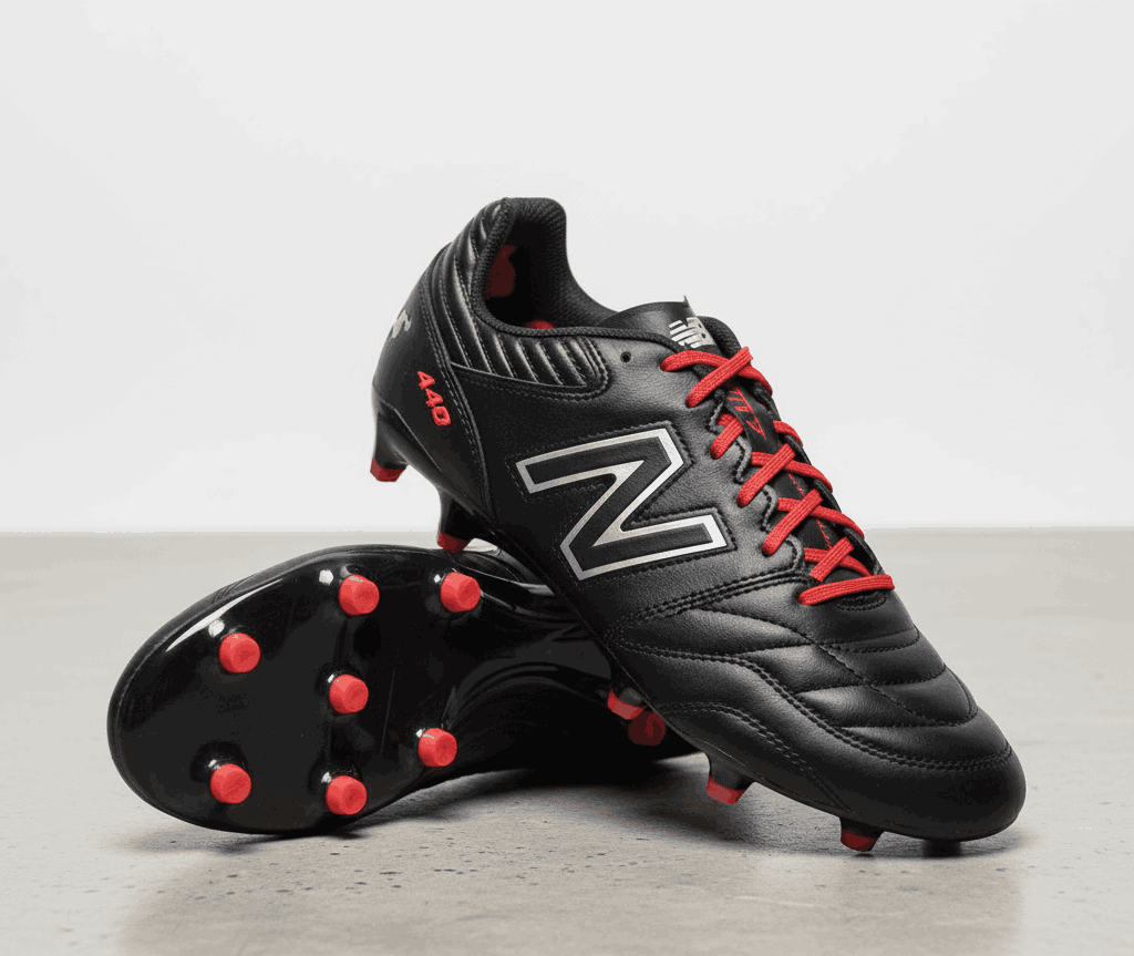 New Balance soccer cleats in black with red accents, designed for comfort and reliable performance