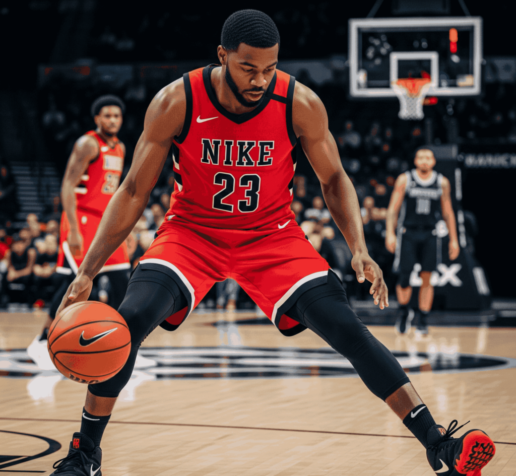 Nike hybrid basketball dribbled by player wearing red Nike jersey during indoor game
