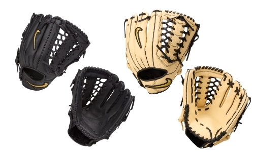 Nike baseball gloves in black and cream leather, featuring iconic swoosh design for elite players