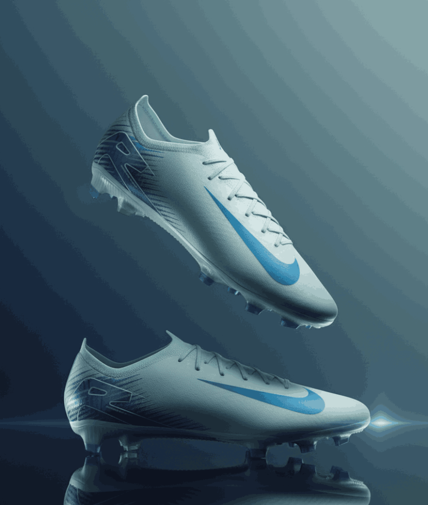 Nike Mercurial soccer cleats in white with blue swoosh, designed for speed and elite performance