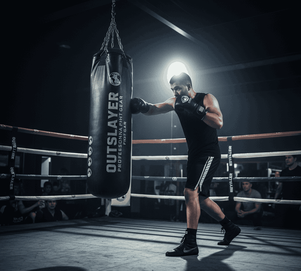 Boxer practicing with Outslayer professional heavy bag in boxing ring during workout