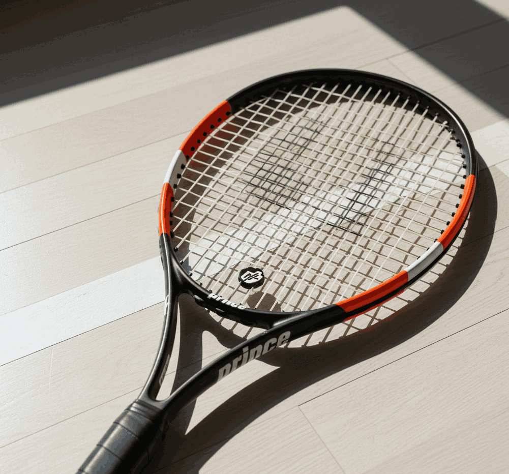 Black, orange, and white Prince tennis racquet with gray strings on light wood floor in sunbeam