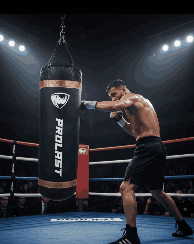 Boxer striking Prolast heavy bag in boxing ring during an intense training session