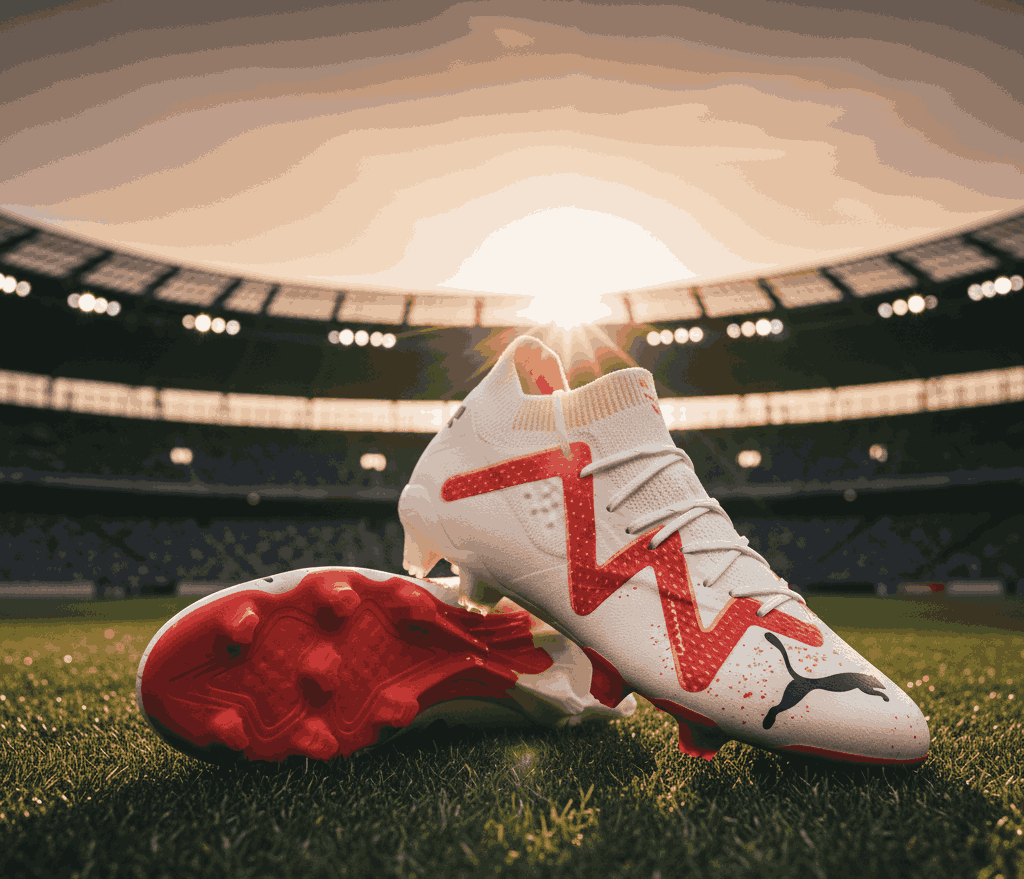 Puma soccer cleats in white and red, featuring bold zigzag accents and sock-like fit for agility and versatility