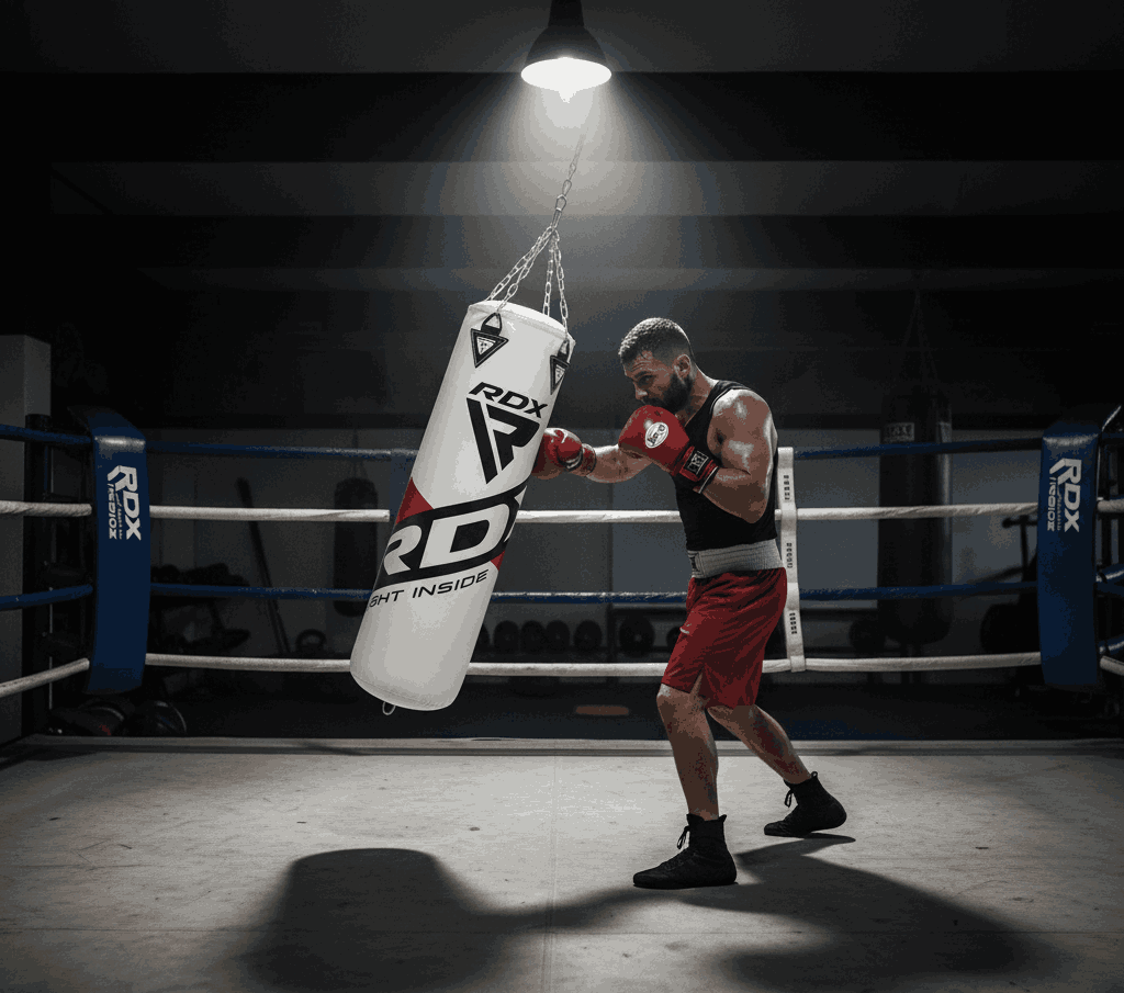 Boxer training with RDX Maya Hide leather heavy bag in a boxing ring under spotlight