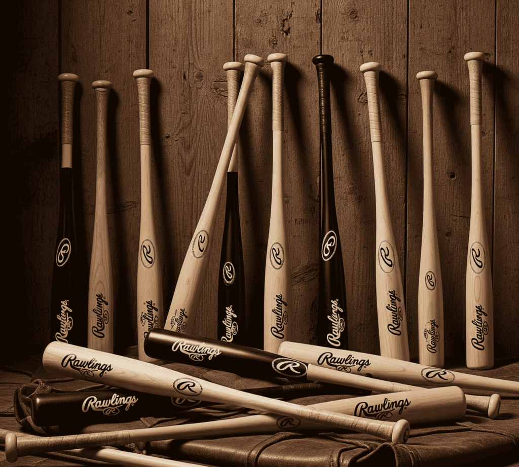 Collection of Rawlings wooden baseball bats in black and natural finishes, displayed against a rustic wooden wall.