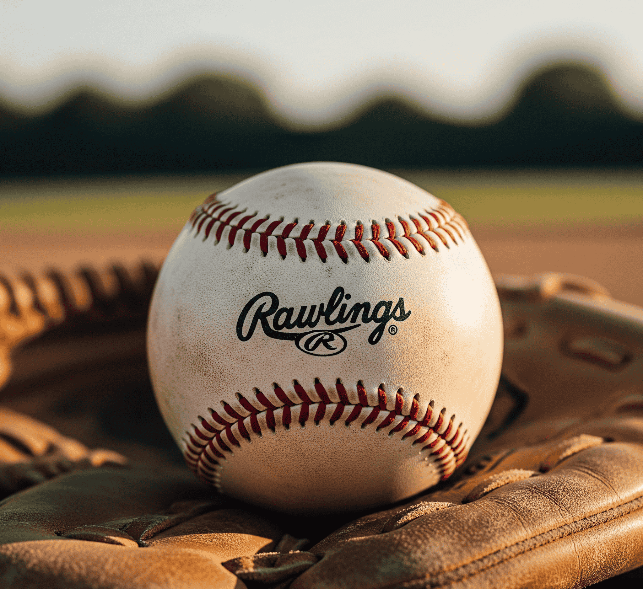 Rawlings baseball resting in leather glove on field