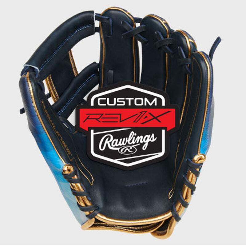 Rawlings Rev1X baseball glove in black, blue, and gold with superior professional design