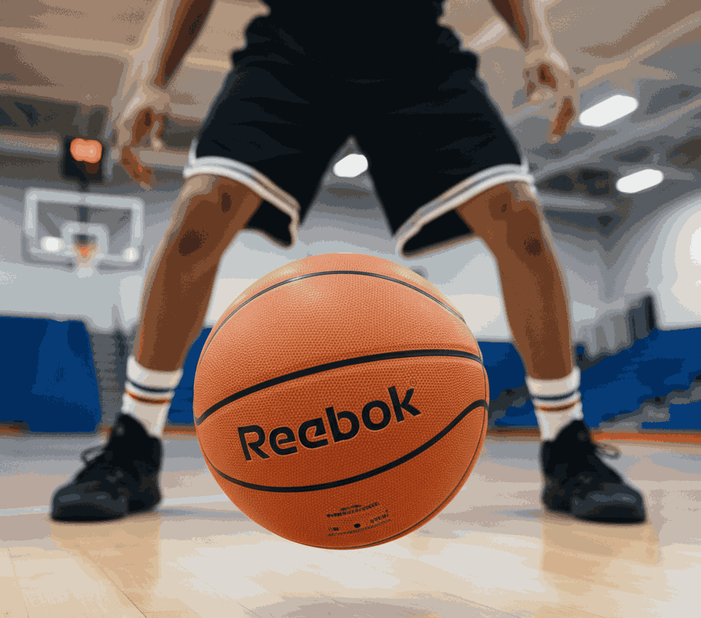 Reebok Performance Outdoor basketball dribbled by player in black uniform on indoor court