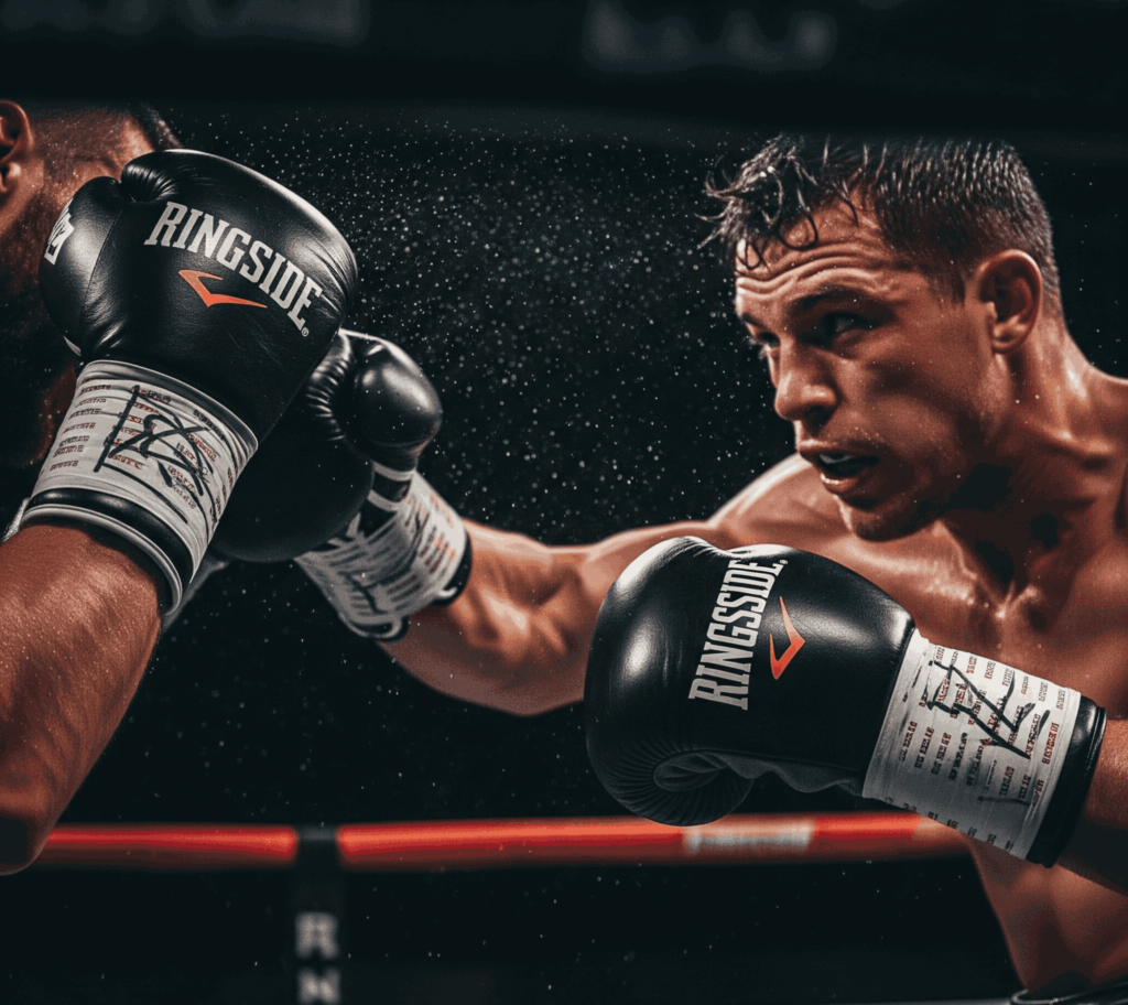 Ringside black boxing gloves in action during boxing match with IMF Tech padding