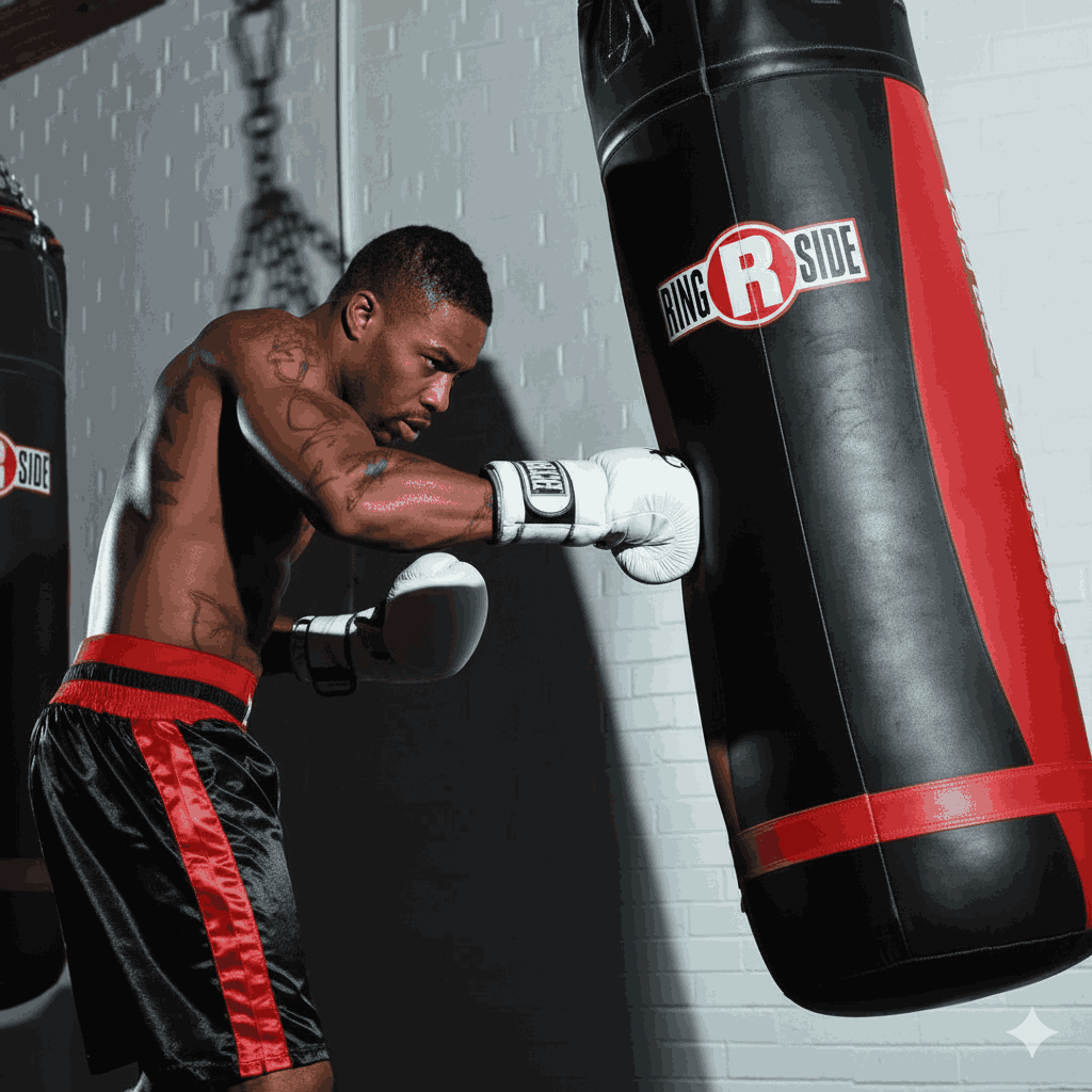 Boxer in training delivering a punch to Ringside Powerhide heavy bag at a gym