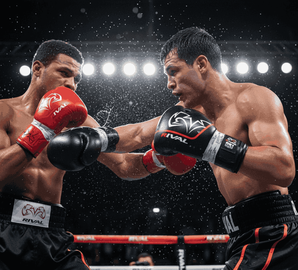 Rival boxing gloves in red and black colors during an intense boxing match under bright lights