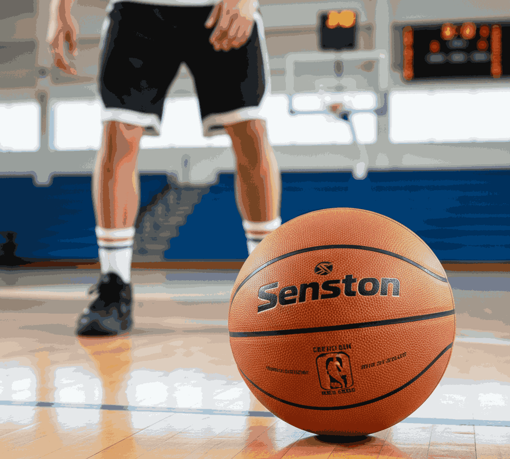 Senston basketball on gym floor with player in black uniform, designed for beginners and casual play